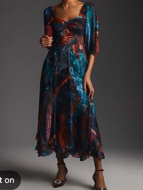 Anthropologie Multicolor V-Neck Midi Dress with Puff Sleeves